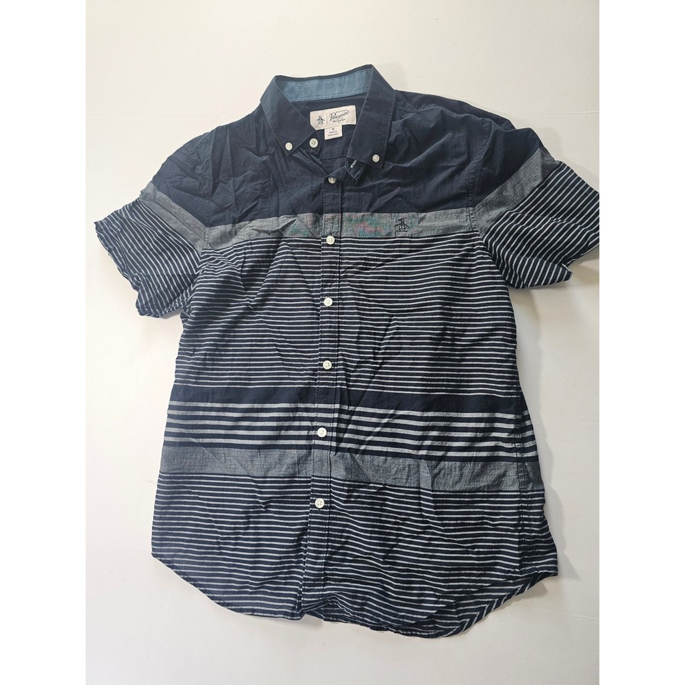 Original Penguin Shirt Mens M Navy Striped Lightweight Casual Button Down Resort